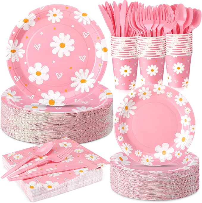 Ziliny 350 Pcs Daisy Party Supplies Tableware Set Disposable 9'' 7'' Paper Plates 9 oz Cups Cutlery Napkins Dinnerware Set for 1st Birthday, Serve 50 (Daisy Birthday, White, Pink)