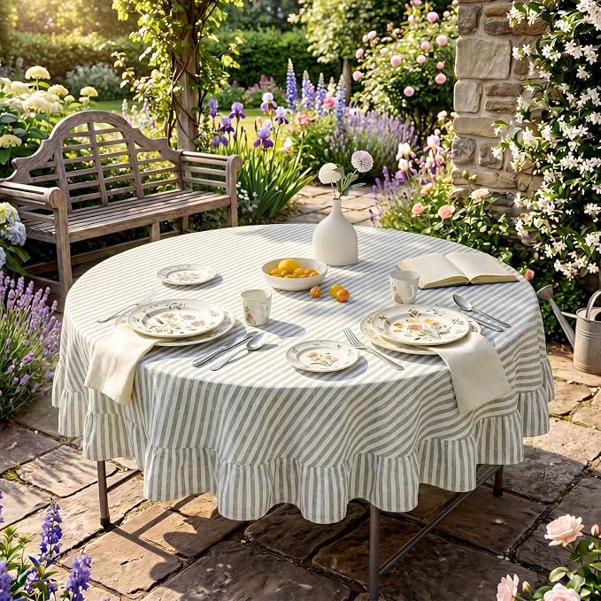 Boao Cotton 60 Inch Farmhouse Ruffle Tablecloth Sage Green White Striped Flounces Trim Table Cover for Round Table Kitchen Party Wedding Decor