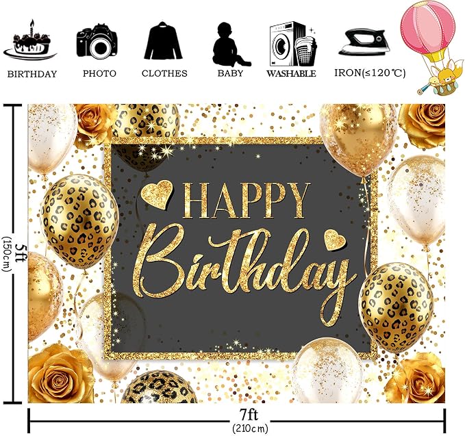 Happy Birthday Backdrop 7Wx5H Feet Polyester Fabric Gold Leopard Balloon Love Heart Rose Elegant Flower Confetti Decoration Girly Gold Glitter Photography Background Photo Shoot Props