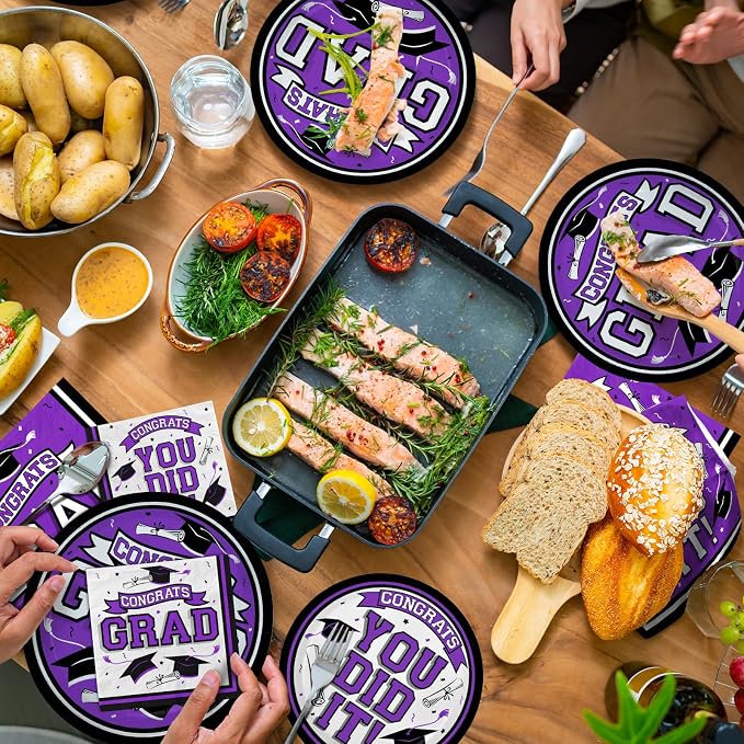 Graduation Party Supplies Dinnerware Set purple Disposable dinner paper plates dessert paper plates and Napkins for Congrats Grad Party Decorations, Serve 50