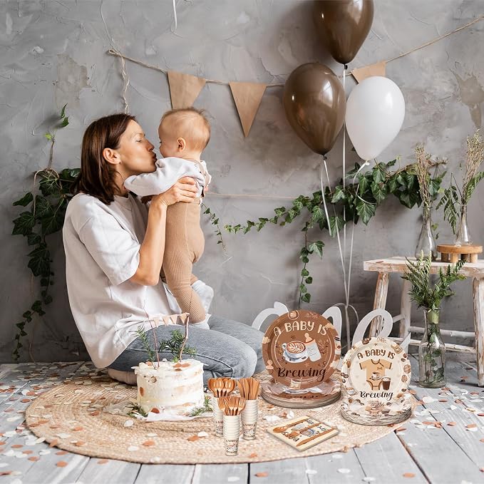 Yungyan 252 Pcs A Baby Is Brewing Baby Shower Party Tableware Set Included Plates Napkins Cups Forks Knives Cutlery for Party Decorations Supplies 36 Guests