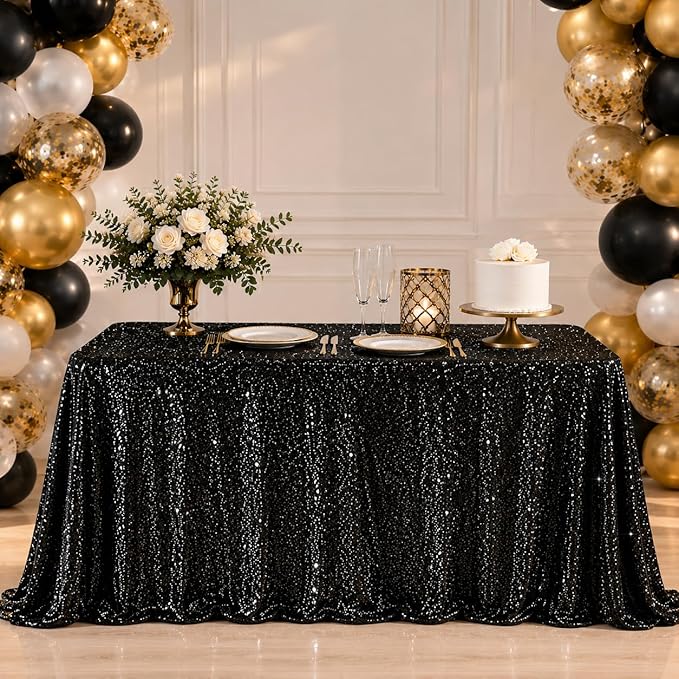 Juya Delight 60" x 102" Black Sequin Tablecloth Rectangle Sparkle Table Cover for Birthday Party Banquet Wedding 6ft Tables