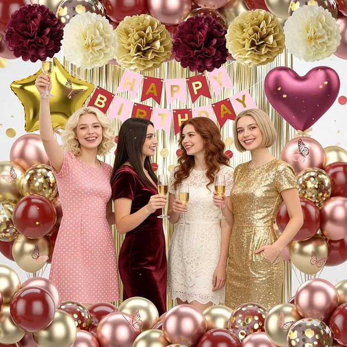 Burgundy Rose Gold Birthday Party Decorations 12INCH Wine Red Maroon Gold Balloons Happy Birthday Banner Cake Topper Fringe Curtain Paper Pom Poms Butterfly Sticker 18INCH Heart Star Foil Girls Women
