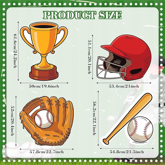 Honoson 4 Pcs Large 24" x 32" Baseball Cardboard Cutouts Standup Life Size, Baseball Party Yard Signs Decoration for Baby Shower Birthday Party Supplies Sports Themed Lawn Classroom Photo Backdrop