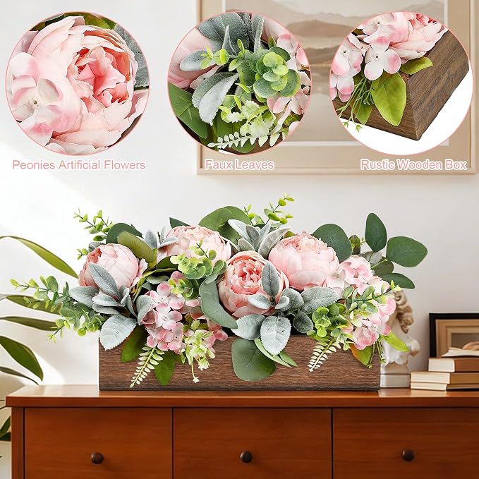 Pink Floral Centerpieces for Table, Pre-Made Artificial Peonies Hydrangea Centerpieces for Dining Table Wood Fake Flower Decorations for Wedding Living Room Party Bar Kitchen Table