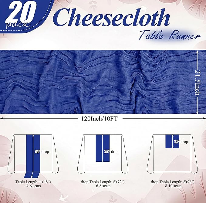 20 Packs Cheesecloth Table Runner 10FT Long Boho Gauze Fabric Table Runner Vintage Rustic Sheer Runners for Wedding Party Bridal Baby Shower Table Decorations (Royal Blue)