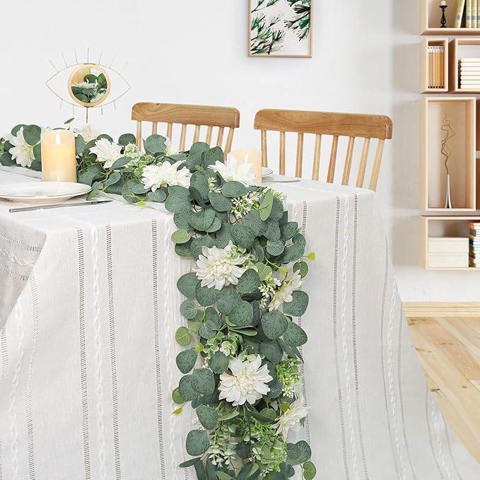 Dremisland Artificial Flowers Garlands 4 Pack 24Ft Eucalyptus Garlands with Flowers Dahlia Flower Vines Hanging Floral Garland for Wedding Arch Bedroom Home Wall Backdrop Room Decor