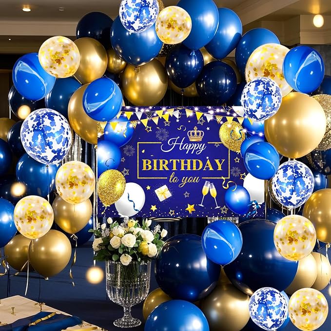 63 PCS Blue Golden Birthday Party Balloons Decorations for Men Women | with Photography Background Backdrop, Happy Birthday Sign Banner, Confetti Balloons