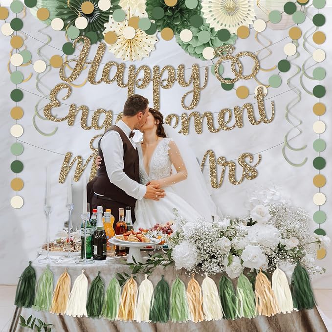 Engagement Party Decorations,Green Sage Congratulations Decorations includes Gold Glitter Happy Engagement Banner for Just Engaged Almost Married Party, Bachelorette Party Decorations