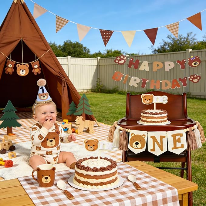 1st Birthday Decorations For Boy Girl - Bear Birthday Party Decorations With Felt Happy Birthday Banner, Birthday High Chair Banner, Cake Topper & Party Hat, First Birthday Decor Kit For Baby Shower