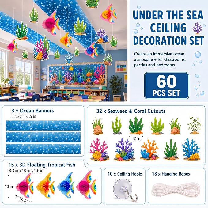 60 Pcs 2026 Under The Sea Party Decoration for Classroom 24" x 13ft Ocean Hanging Ceiling Banner 3D Faux Floating Fish Seaweed Hanging Ornament for Kid Back to School Party Class Decor