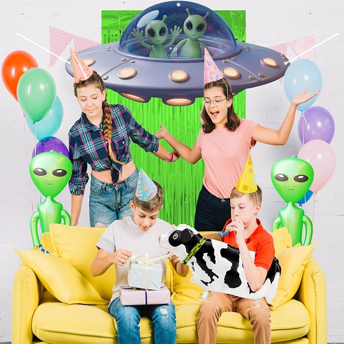 Alien Party Supplies Outer Space Theme Birthday Decor with Tinsel Foil Fringe Curtain Cow Balloon Spaceship Hanging Banner Backdrop for Birthday Baby Shower Wall Door Decor