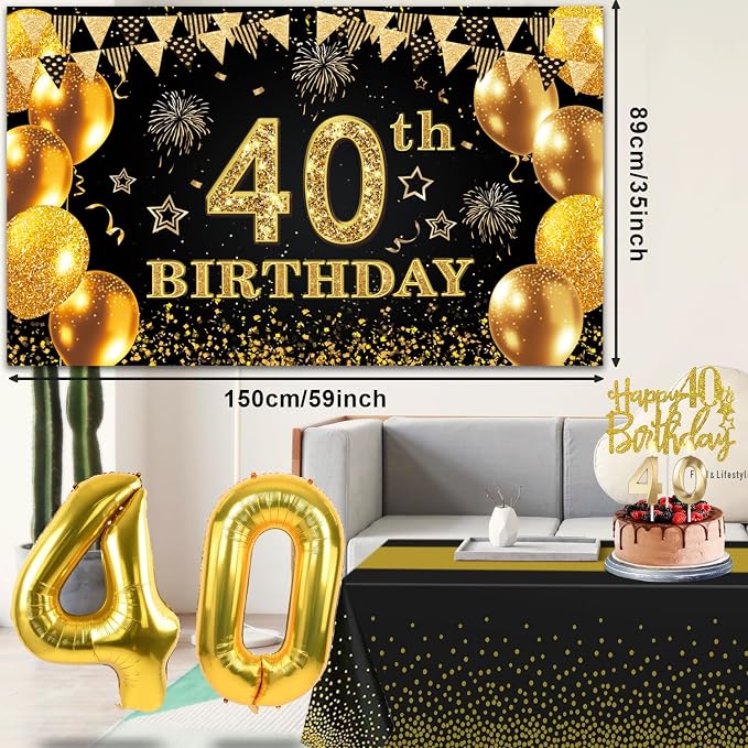 40th Birthday Decorations Men Women with 40th Birthday Banner, Black and Gold Table Cloth, Number Balloons,Large Sash, Cake Topper and Candles