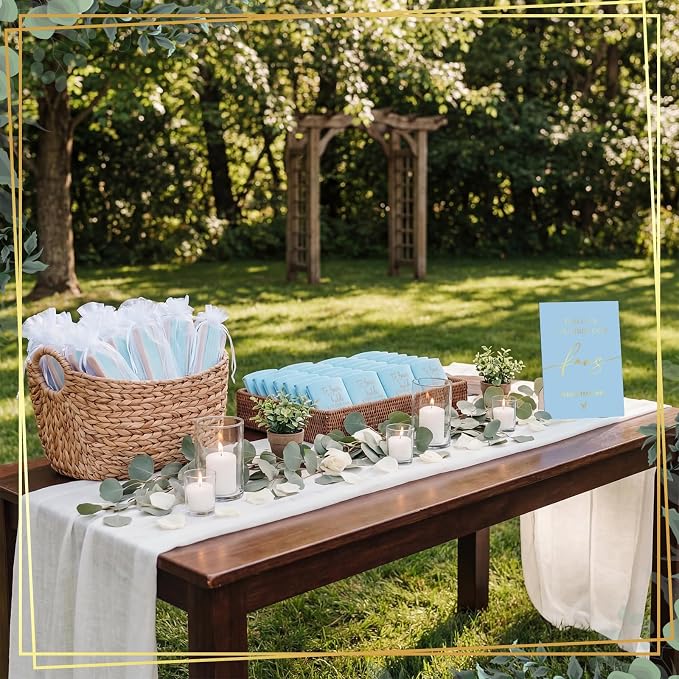 Hoteam 25 Sets Wedding Party Favors for Guests Bulk Including Can Cooler and Paper Folding Fans with Wedding Decor Table Sign Cheers to Love for Bridal Shower Party Souvenir(Classical,Blue)