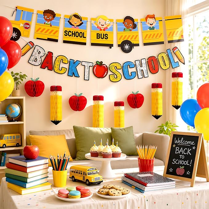 Back to School Decoration School Bus Party Banner Apple Pencil Hanging Honeycomb Welcome Back to School Classroom Kindergarten Teacher Appreciation First Day of School Bulletin Board Supplies