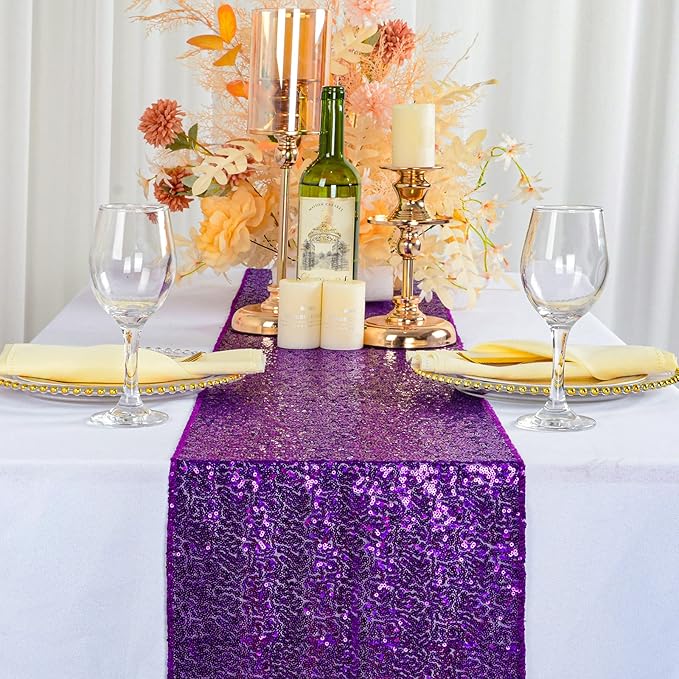 ShinyBeauty Purple Table Runners 12x108-Inches Pack of 5 Sequin Table Runner Sparkly Sequined Fabric Wedding Runners for Table Rectangle Party Table Covers Dining Tablecloth for Banquet Birthday
