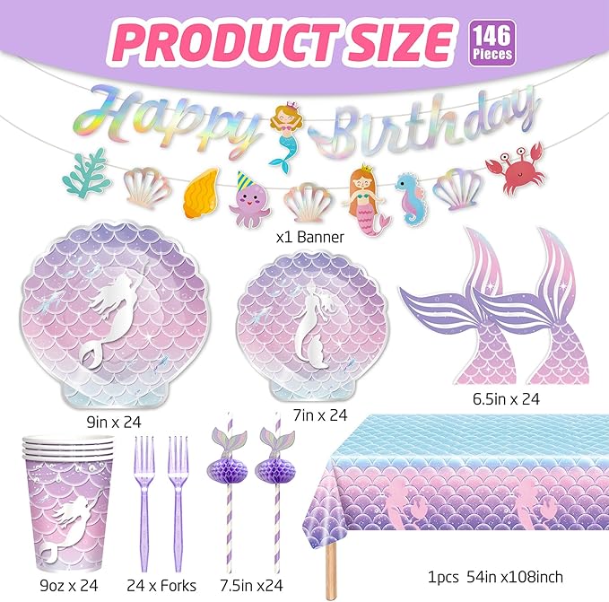146Pcs Shell Plates and Napkins Iridescent Mermaid Party Supplies Includes Plates, Napkin, Fork, Cup, Straw, Tablecloth, Banner Seashell for Under the Sea Birthday Party Decorations, Serves 24
