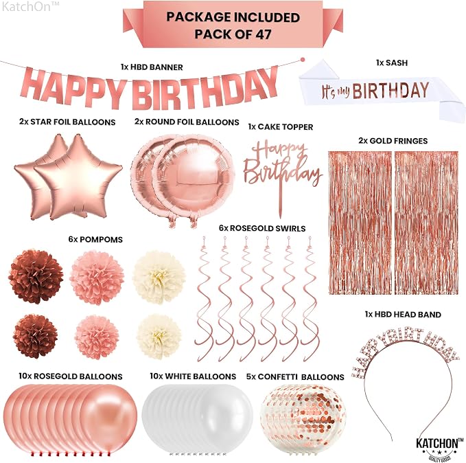 KatchOn, Rose Gold Birthday Decorations Set - Pack of 47 | Banner, Balloons, Pompoms, Headband, Sash & Fringe Curtains | Birthday Decorations for Women Girls | Girls Birthday Party Decorations