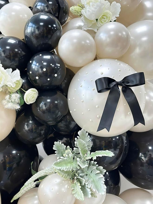 185pcs Black and Double Stuffed Pearl Sand Balloon Arch Kit with Bows & Faux Pearls, Black and White Balloons for Birthday Baby Shower Wedding Bridal Shower Anniversary Party Decorations