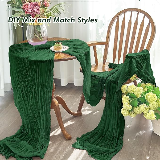 IVAPUPU 4 Pcs Cheesecloth Table Runner - 10ft Emerald Green Boho Gauze Cheese Cloth Table Runners for Baby Shower Decorations Wedding Party Summer Garden Decor