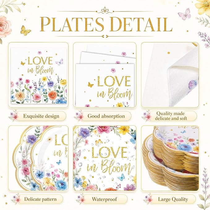 Pickmesh 250 Pcs Love in Bloom Bridal Shower Disposable Tableware Set Floral Love in Bloom Disposable Paper Plates Napkins and Cups for Wedding Party Supplies Bridal Shower Engagement, Serve 50 Guest