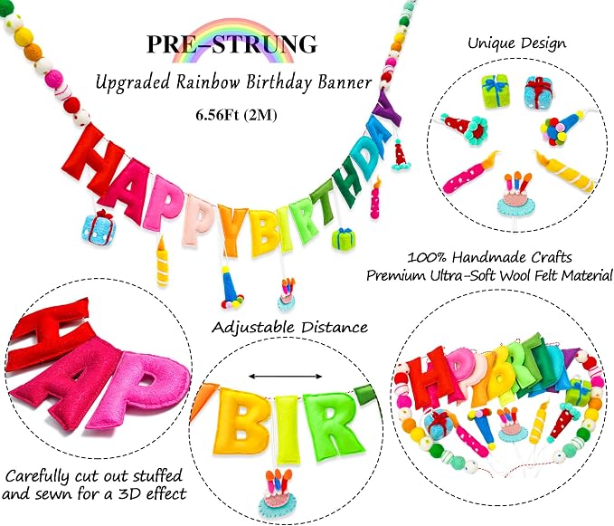 Happy Birthday Banner, Handmade Wool Felt Birthday Banner with Cute Charms, Reusable Rainbow Birthday Decorations for Kids, Colorful Birthday Garland for 1st Birthday, Baby Shower,Party Photo Backdrop