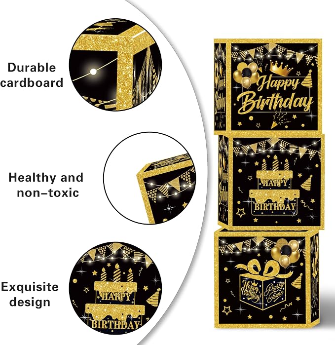 Gold Birthday Party Decorations Kit for Men,3pcs birthday Decorations for Men boys black and gold Balloon Boxes Birthday Party Favors