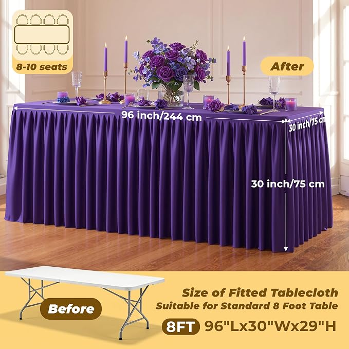 Purple Polyester Table Cloths for Rectangle 8 Foot Tables, 1 Pack Wrinkle Free Tablecloths Stretchy Banquet Ruffle Fitted Table Cover Desk Skirt for Parties Wedding Birthday Baby Shower