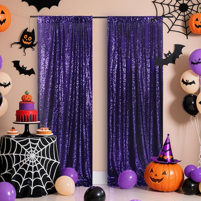 Poise3EHome 2ft x 8ft Purple Sequin Photography Backdrop Curtain 2 Panels for Halloween Party Decoration