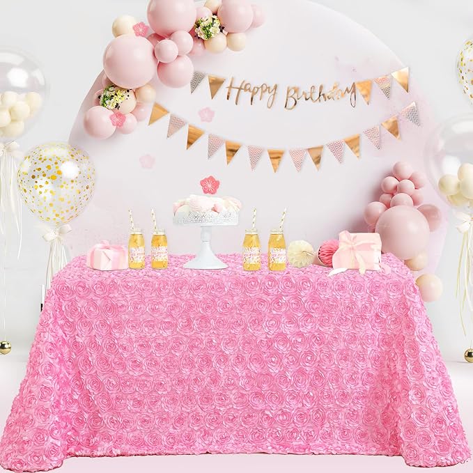 Fanqisi Pink Rosette Tablecloth 50x80 Inches Wholesale Rectangle Table Cover Rosette 3D Satin Tablecloth for Dinner Wedding Birthday Party Reception Table Decoration