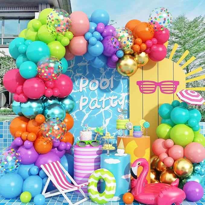 Multicolor Summer Balloon Arch Kit, Assorted Color Blue Purple Orange Green Pink Gold Birght Rainbow Balloon Garland, Colorful Neon Balloons for Kids Hawaiian Tropical Pool Birthday Party Decorations