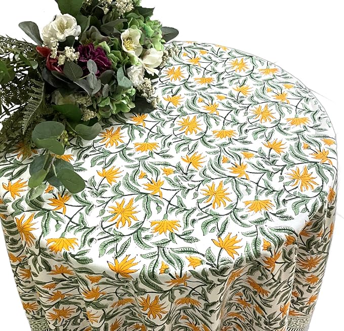 ATOSII Noor 100% Cotton Round Tablecloth, Handblock Print Floral Table Cloth for Kitchen Dining Linen I Parties, Weddings, Outdoors, Spring Summer Decor I 72" Inches Round