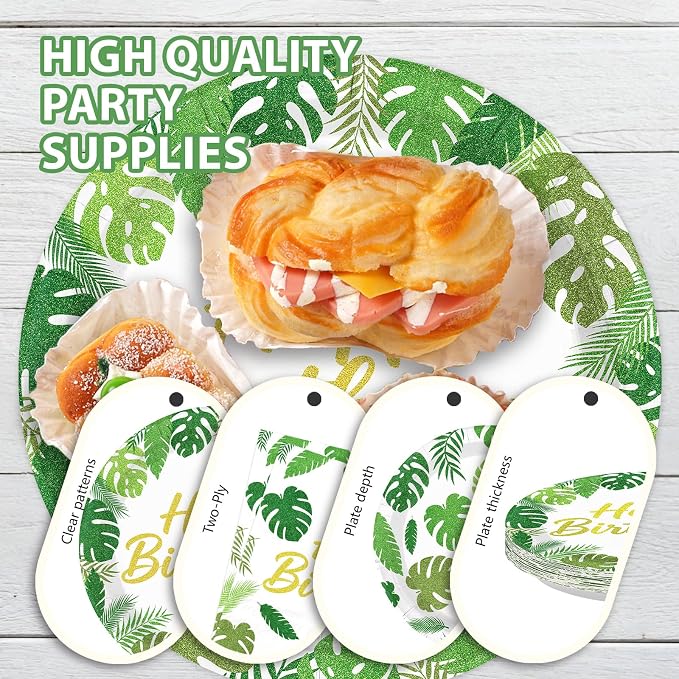 96Pcs Tropical Leaf Birthday Decorations Monstera Palm Leaf Plates and Napkins Hawaiian Luau Tableware Set for Birthday Hawaiian Summer Pool Beach Baby Shower Party Supplies, Serves 24