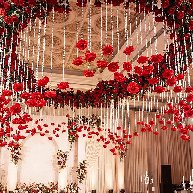 Norme 16pcs 31.4 Inch Red Rose Hanging Garland Crystal Beaded String Garland Artificial Rose Flower Decor for Mother's Day Ceiling Wedding Engagement Bridal Shower Party Decorations