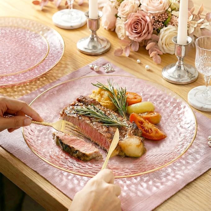 I00000 150Pcs Clear Pink Plastic Plates with Gold Rim,Pink Disposable Plates,Clear Hammer Patterned Disposable plates Set include 30 Dinner Plate,30 Dessert Plate,90 Plastic Silverware Set for Party