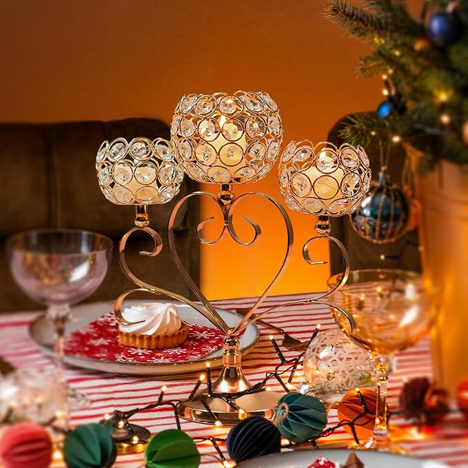2 Pcs 3-Arm Heart Tea Light Candle Holder - Crystal & Metal Wedding Centerpiece Decor, Sparkling Table Decor for Anniversaries/Romantic Tabletop Home/Dinner Party/Events (2, Gold)