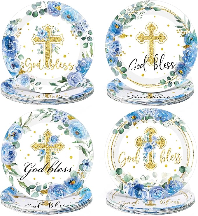 Funnymoom 60 Pcs Baptism Plates 9 Inch Blue God Bless Floral Plates Disposable Religious Party Decoration for First Communion Christening Celebration Baby Shower Religious Party Supplies