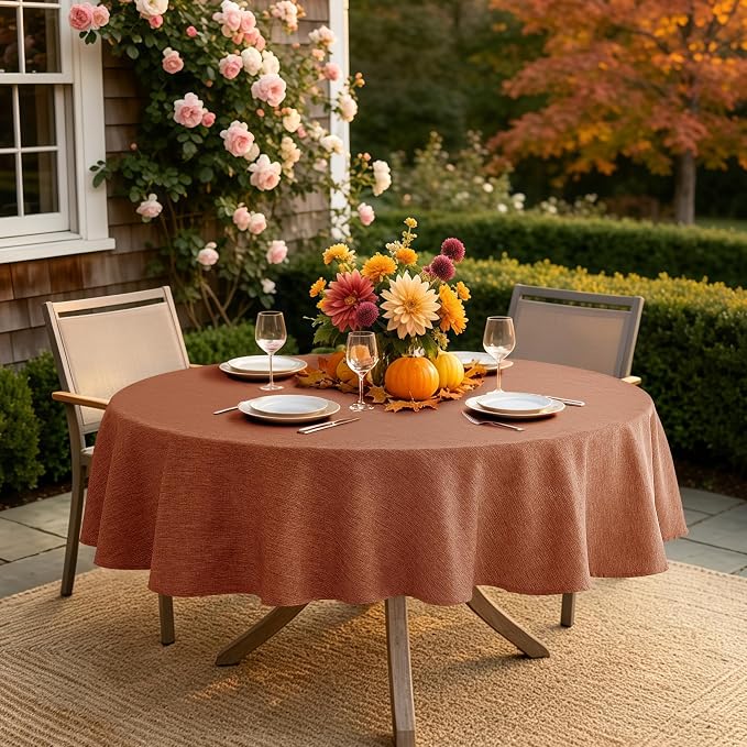 Decorelia Waterproof Round Tablecloth for Round Dining Table, Decorative Rustic Soft Table Cloths Cover Farmhouse Indoor Outdoor Use for Holiday,Wedding,Kitchen, 70 Inch,Round (4-6 Seats),Burnt Orange