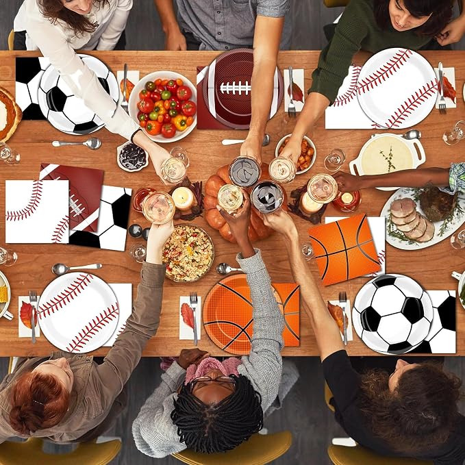 Lonfliness 96 Pcs Sports Party Decoration Sport Plates and Napkins Basketball Football Baseball Dessert Cake Tableware Supplies Rugby Theme Activities Game Disposable Paper Party Dinnerware Favor