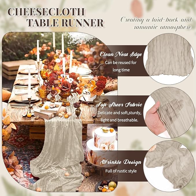 24 Pack Brown Grey Cheesecloth Table Runner, Long Romantic Semi Sheer Rustic Boho Gauze Table Runners for Wedding Bridal Shower Birthday Party Decorations(17.7×108 Inch)