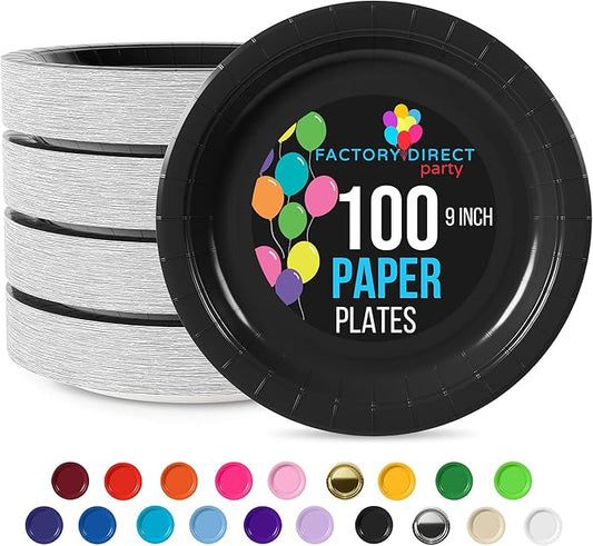 Exquisite Party Solids Black Paper Plates Disposable Heavy Duty 9 Inch Black Disposable Plates For Party 100 Pcs Heavy Duty 350 GSM, Birthday Supplies