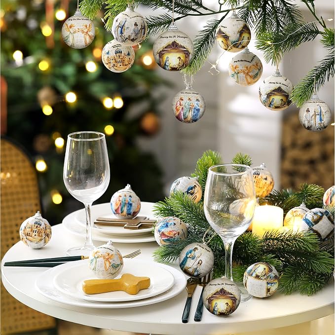 Outus 24 Pcs Nativity Scene Christmas Tree Ornaments Ball Christmas Jesus Decorations for Tree Vintage Christian Religious Hanging Ornaments The Birth of Jesus Decor Religious Gifts for Christian