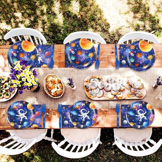 96Pcs Space Birthday Decorations Solar System Paper Plates and Napkins Supplies for Astronaut Baby Shower Decor Blue Galaxy Planet Birthday Tableware Set Space Themed Party Decorations