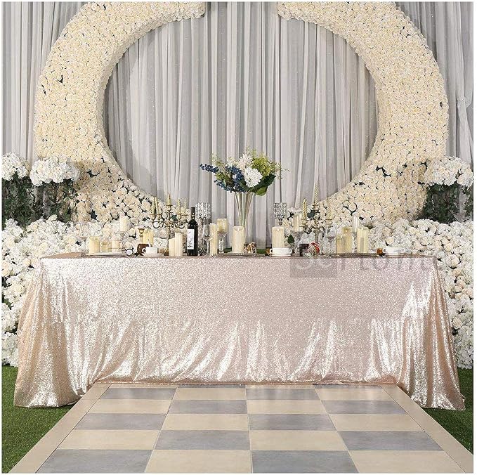 Poise3EHome Champagne Sequin Tablecloth 90×132 Inch Rectangle Sparkly Fabric Table Cloth for Birthday Wedding Party Christmas Holiday Baby Shower Decoration