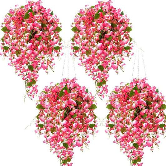 XunYee 4 Pcs Artificial Hibiscus Flowers for Outdoors Spring Summer Decor Fake Hanging Flowers Plants Uv-Resistant Faux Hibiscus Flower for Outside Porch Patio Front Door (Pink)