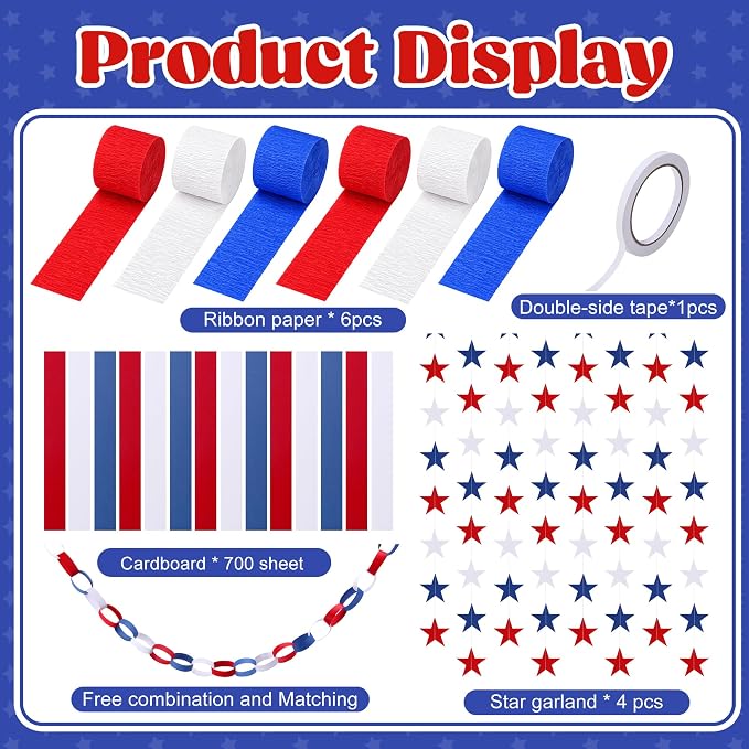 700 Sheet 4th of July Paper Chain Strips Set, 52 ft Red White Blue Star Garland Decor, 492 ft Patriotic Crepe Paper Streamers for DIY Crafts Memorial Day American Theme Party