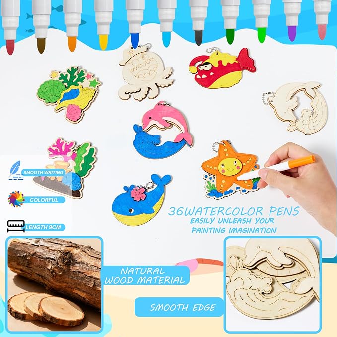 12Pack Under the Sea Party Favors, Wooden Sea Animal Painting Kit for Kids Ocean Theme Arts&Crafts Birthday Party Hanging Decorations Summer Goodie Bag Filler Pinata Stuffers Classroom Prizes for Kids