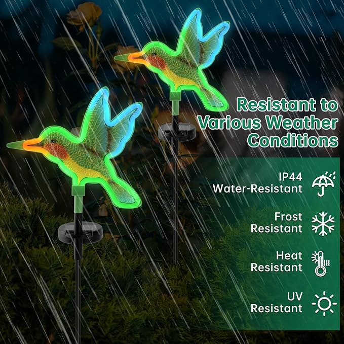 Solar Hummingbird Garden Lights 2 Pack, Colorful Neon Glow LED Solar Stake Lights, Waterproof Outdoor Decorative Landscape Lighting for Yard, Patio, Gifts for Mom