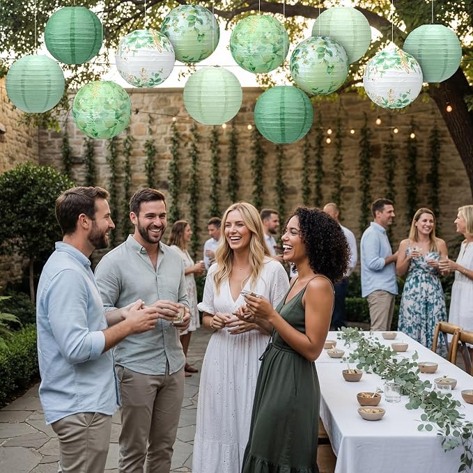 Panelee 12 Pcs Sage Green Eucalyptus Leaf Party Decorations Paper Lanterns 8 Inch Hanging Round Paper Party Decorations for Holiday Indoor Outdoor Supplies