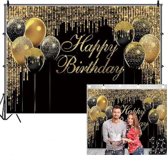 Black and Gold Birthday Backdrop Banner Decorations 10x8ft Balloon Glitter Sequin Backdrop for Photography Cake Table Photoshoot Background Kids Adult Birthday Party Decor Photo Booth Props